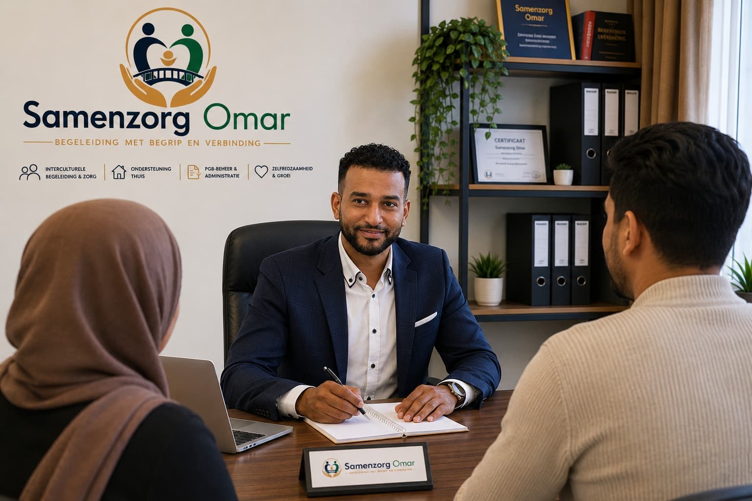 Omar in gesprek met twee cliënten aan tafel